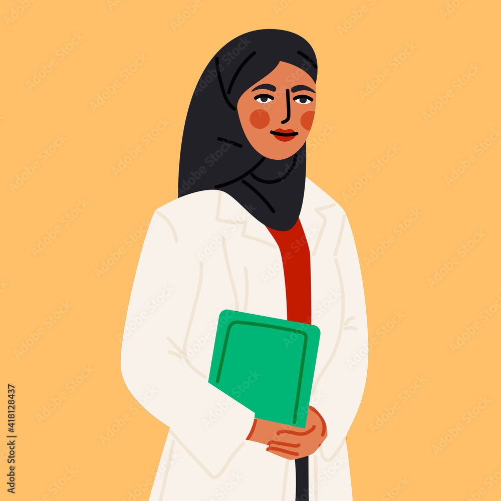 Cute Arabic woman in scarf flat cartoon illustration. Muslim professional woman banner design. Female medic wearing islamic cloth printing card. Cute Arabic woman in scarf flat cartoon illustration. Muslim professional woman banner design. Female medic wearing islamic cloth printing card.