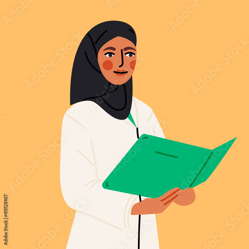 Cute Arabic woman in scarf flat cartoon illustration. Muslim professional woman banner design. Female medic wearing islamic cloth printing card.