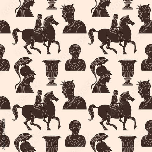 Ancient greek seamless pattern vector illustration. Historical statue retro texture design. Culture mythology symbols background. 