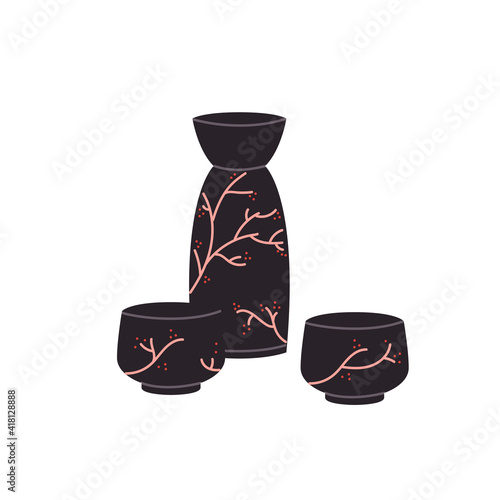 Traditional sake bottle and cups isolated vector illustration. Japanese ceramic jug for rice wine design element. Asian beverage icon in cartoon style.