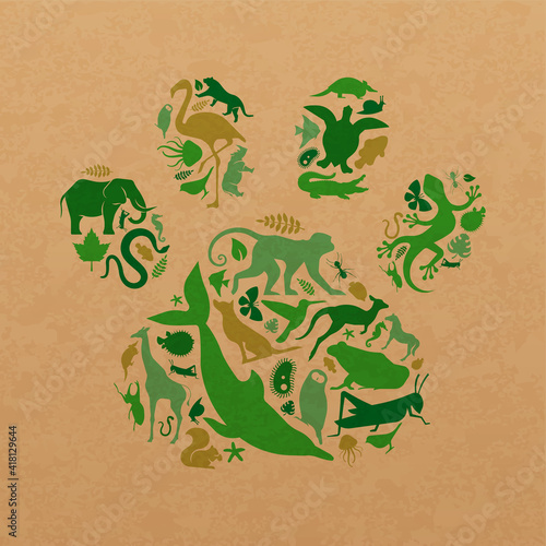 Green wild animal icon paw print shape concept