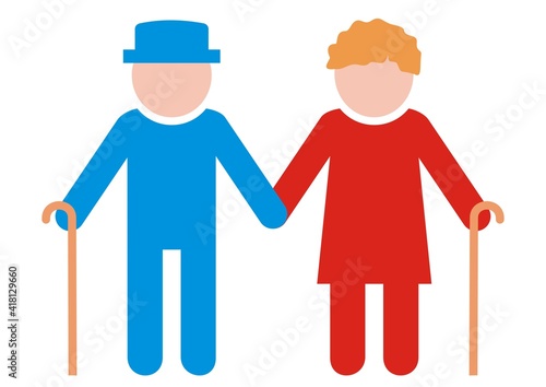 Couple of old people, man and woman with stick. Color silhouette of two person on white background. Blue and red colors.