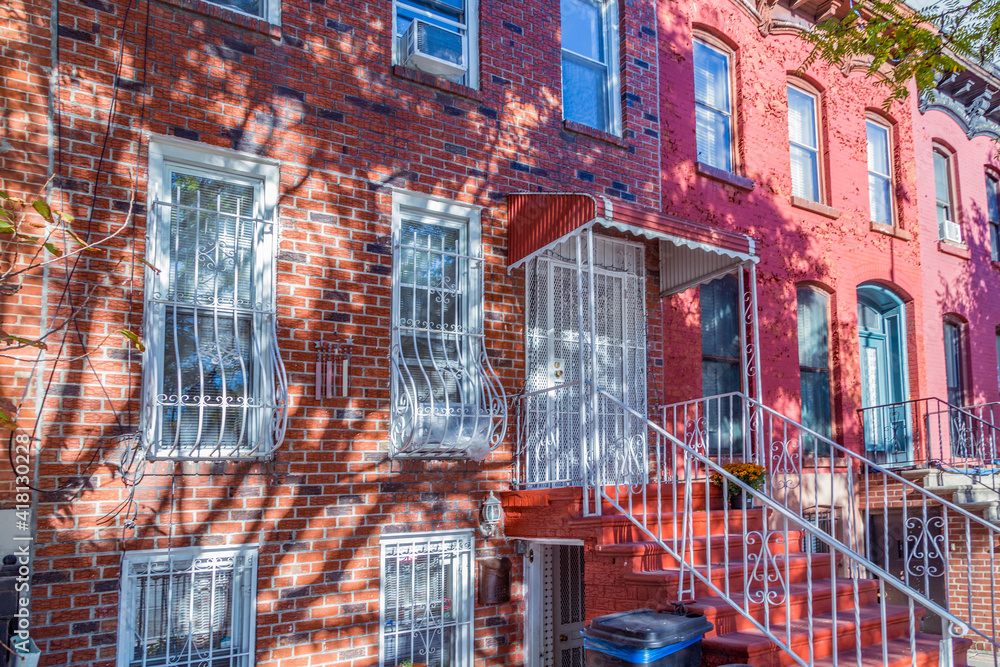 small red brick houses in the Union street in Brooklyn, New York with