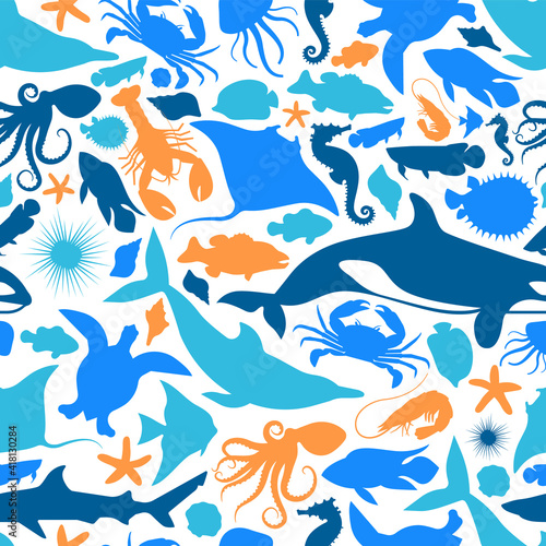 Photography Blue marine fish animal icon seamless pattern