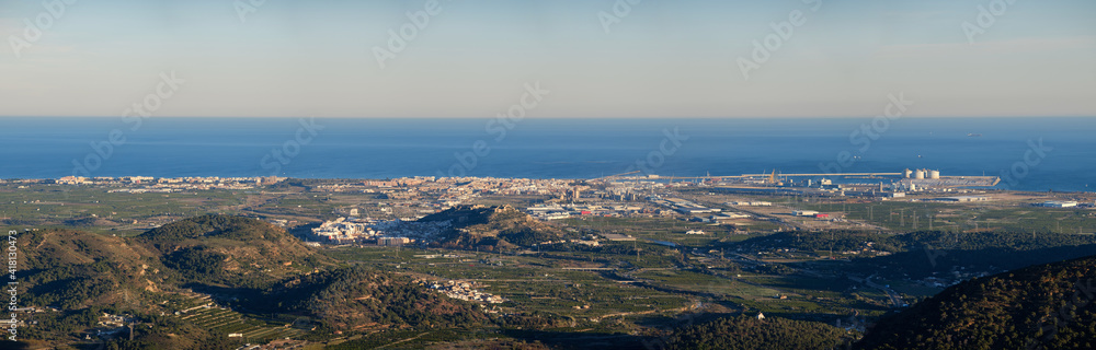 Sagunto town, roman castle fortification, port of mediterranean sea, near Valencia Spain, Panorama view