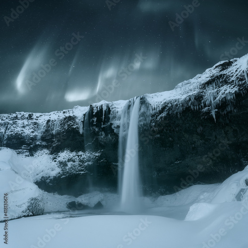 Seljalandsfoss waterfall at night, South Iceland, Iceland