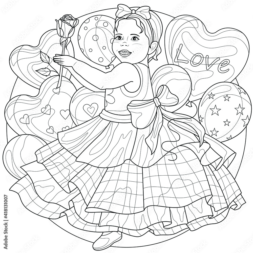 Child with a flower in his hands and balloons.Coloring book antistress for children and adults. Illustration isolated on white background.Zen-tangle style. Hand draw