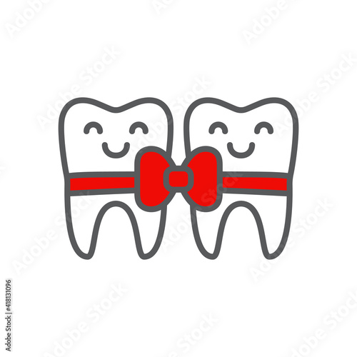 Two teeth present red ribbon happy faces characters simple contour line healthy tooth sign icon vector illustration.