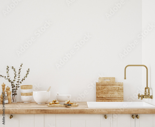 Wall mockup in kitchen interior background, Farmhouse style, 3d render © artjafara