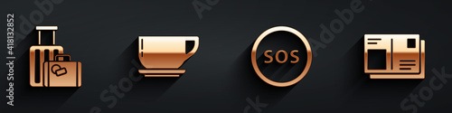 Set Suitcase, Coffee cup, Location with SOS and Passport with visa stamp icon with long shadow. Vector.