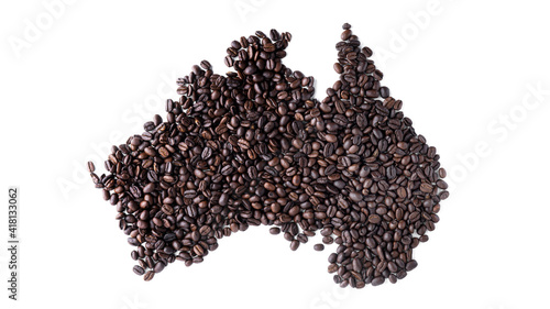 Mainland Australia made of coffee beans isolated on a white background.