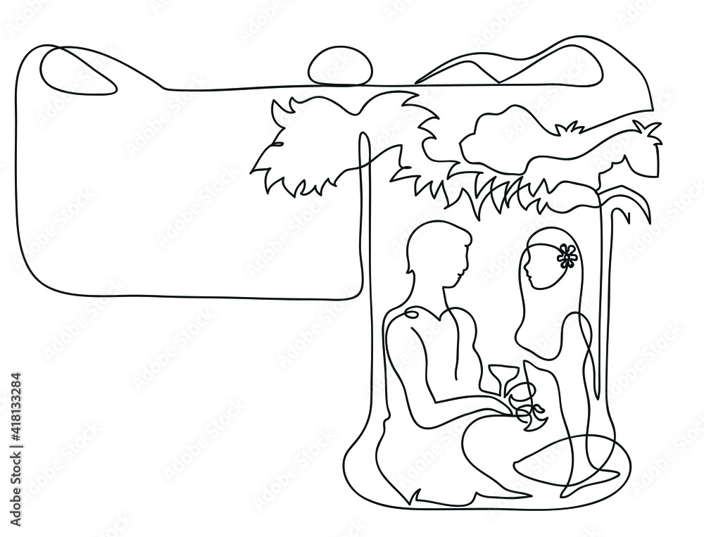 One line drawing of happy traveler couple relaxing on swing.
One continuous line drawing of tourist couple with beautiful nature landscape. One line drawing of happy traveler couple relaxing on swing.
One continuous line drawing of tourist couple with beautiful nature landscape.