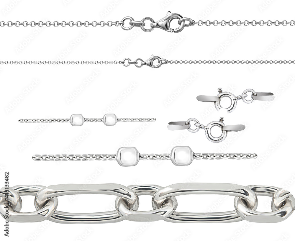 Silver Gold Chain pendant Weaving Macro Fragments Element isolated on white Silver Gold Chain pendant Weaving Macro Fragments Element isolated on white