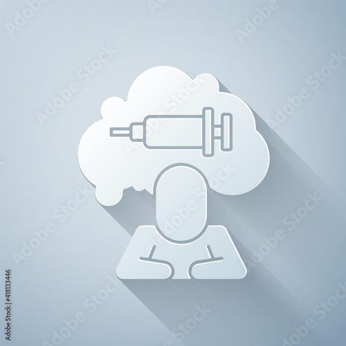 Paper cut Addiction to the drug icon isolated on grey background. Heroin, narcotic, addiction, illegal. Sick junkie with a syringe and medical pills. Paper art style. Vector.