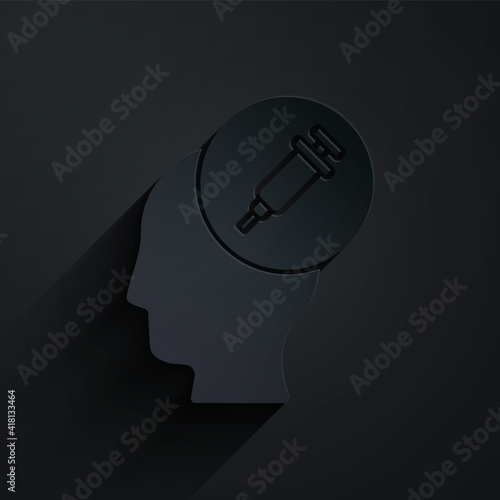 Paper cut Addiction to the drug icon isolated on black background. Heroin, narcotic, addiction, illegal. Sick junkie with a syringe and medical pills. Paper art style. Vector.