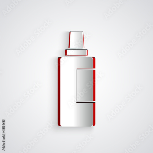 Paper cut Plastic bottle for laundry detergent, bleach, dishwashing liquid or another cleaning agent icon isolated on grey background. Paper art style. Vector.