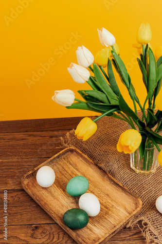 easter eggs bouquet flowers holiday spring yellow background