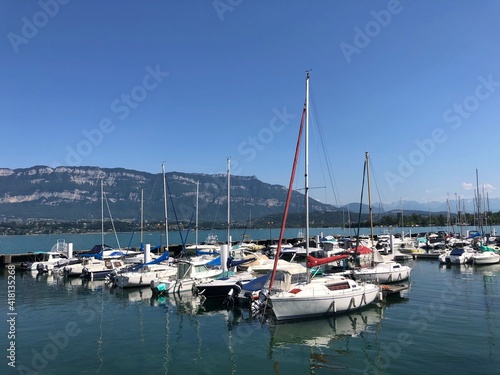 Boats moored at Port de Charpignat, Lac du Bourget, Savoie, France
