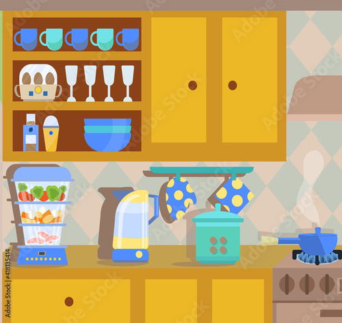 Cozy interior of the kitchen with kitchen equipment,  an included gas stove. steamer, kettle, juicer, kitchen utensils, plates, glasses, pots, a dish with oranges. Vector illustration in a flat style.