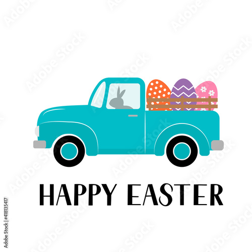 Easter retro truck with eggs. Easter celebration typography poster. Spring holidays vector illustration. Easy to edit template for party invitation, greeting card, banner