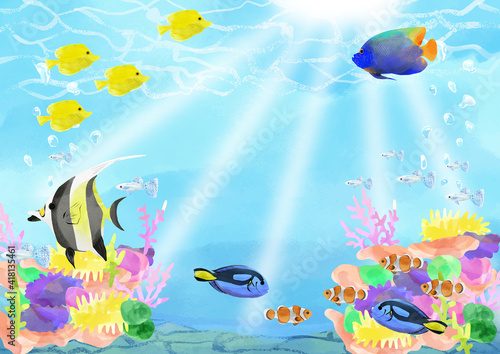 水彩風熱帯魚とサンゴ礁のイラスト 