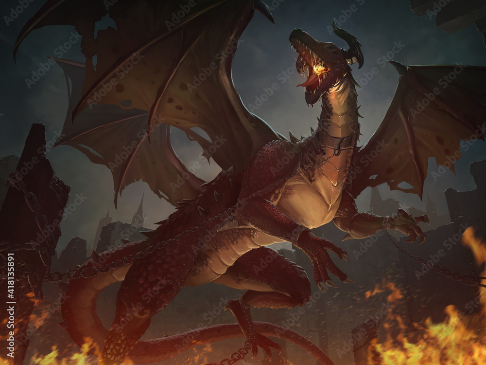 Fototapeta premium A beautiful digital art illustration of the dark crimsoned dragon destroyed the old castle.