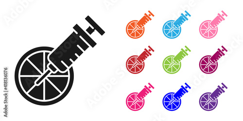 Black Genetically modified citrus fruit icon isolated on white background. Orange in a cut. Healthy lifestyle. GMO fruit. Set icons colorful. Vector.