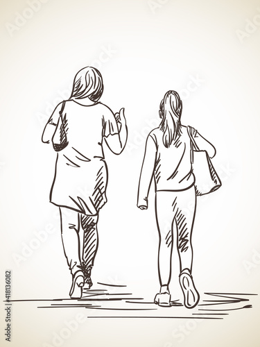 people family walking back view hand drawn