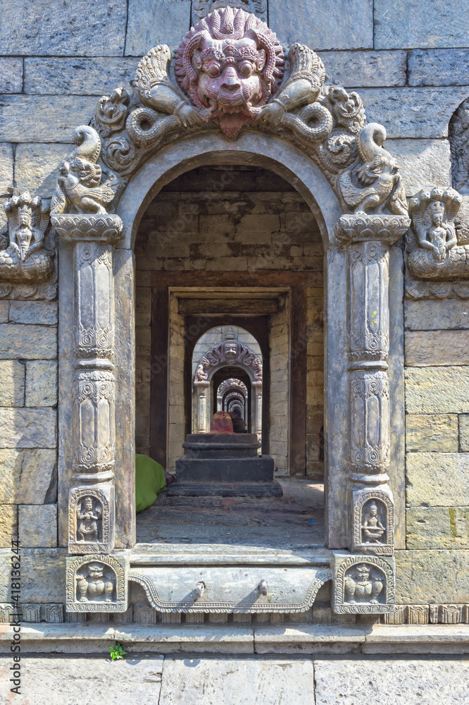 View through a row of shrines, Pashupatinath Temple complex, Unesco World Heritage Site, Kathmandu, Nepal