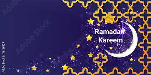 Ramadan Kareem poster or invitations design with 3d paper cut stars and moon on violet background. Vector illustration. Place for text.