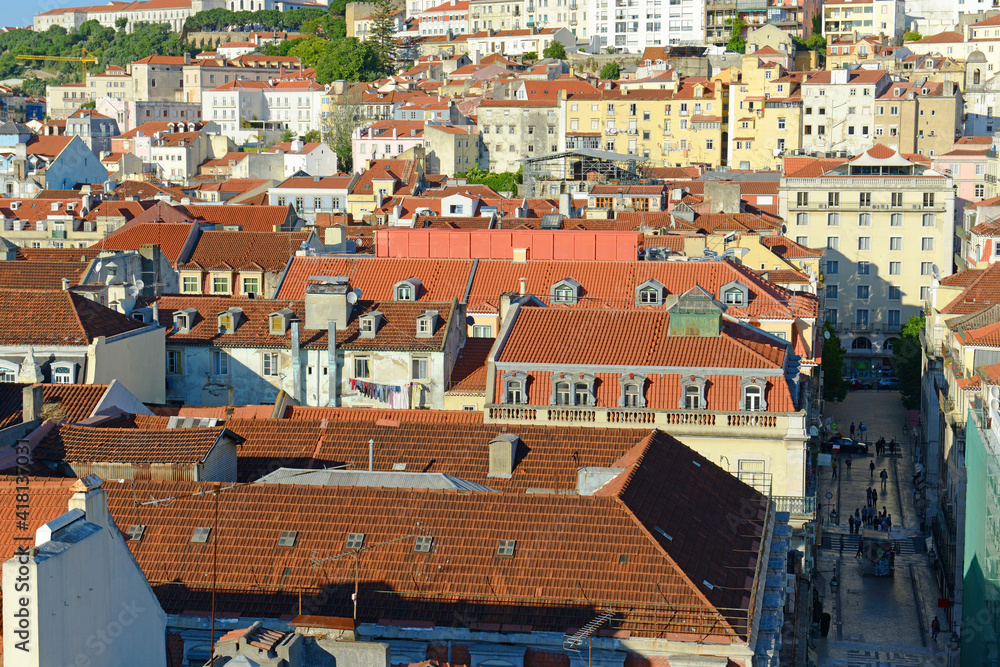 Baixa district of Lisbon, from top of Santa Justa Lift (Elevator de Santa Justa) in city of Lisbon, Portugal. 