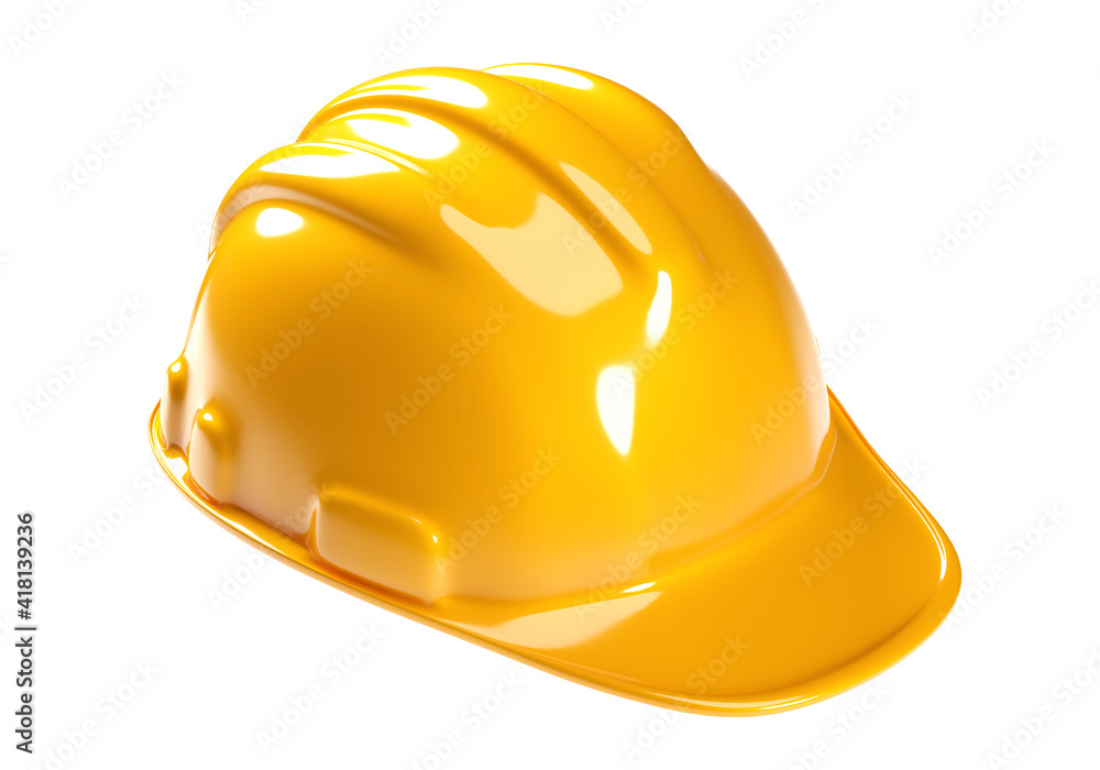 Fototapeta premium Yellow safety helmet know as hardhat on white background. Clipping path. 3d render