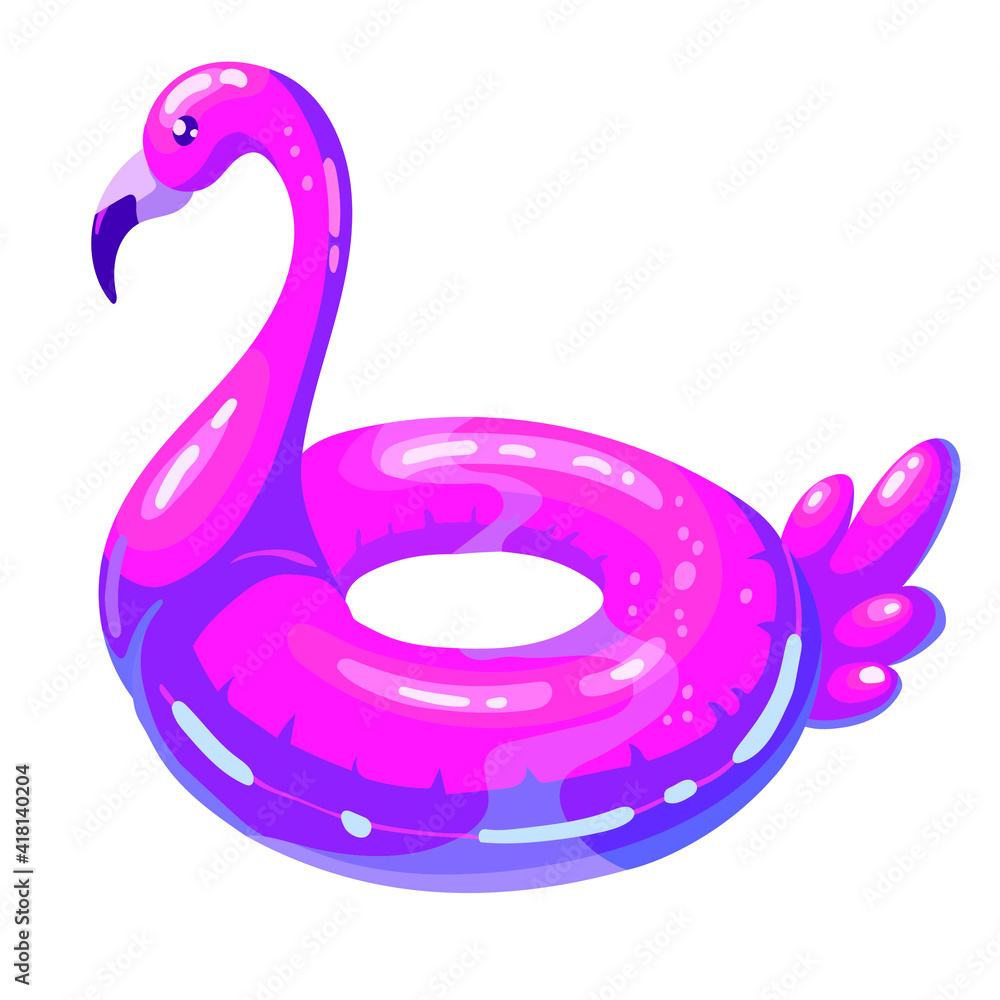 Swim ring in shape of flamingo. Cartoon illustration of rubber Inflatable pink flamingo. Vector illustration on a white background Swim ring in shape of flamingo. Cartoon illustration of rubber Inflatable pink flamingo. Vector illustration on a white background