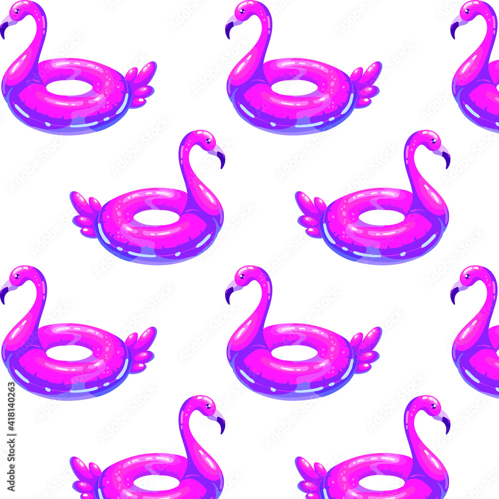 Obraz premium Swim ring in shape of flamingo. Cartoon illustration of rubber Inflatable pink flamingo. Vector illustration 