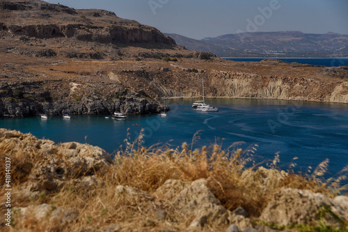 Rhodes, Greece –  beautiful landscape of the Lindos bay.