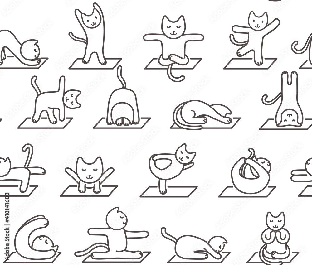 Seamless pattern of a cute healthy cat doing yoga exercises on a mat in square format, black and white line drawn outline vector illustration