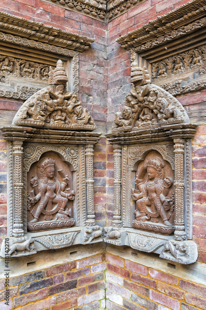 Mul Chowk courtyard, Wall carved Statues, Hanuman Dhoka Royal Palace, Patan Durbar Square, Unesco World Heritage Site, Kathmandu valley, Lalitpur, Nepal, Asia