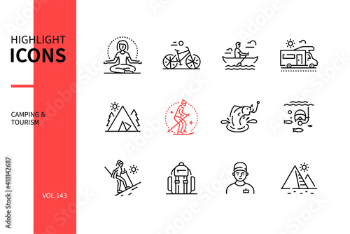 Camping and tourism - modern line design style icons set