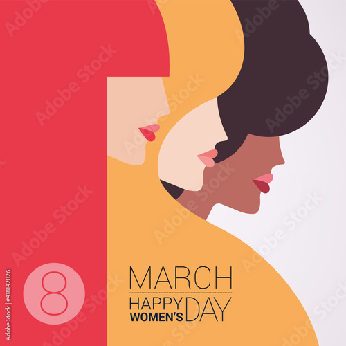 Three women of different nationalities and cultures standing together. Women's friendship, union of feminists or sisterhood. The concept of the female's empowerment