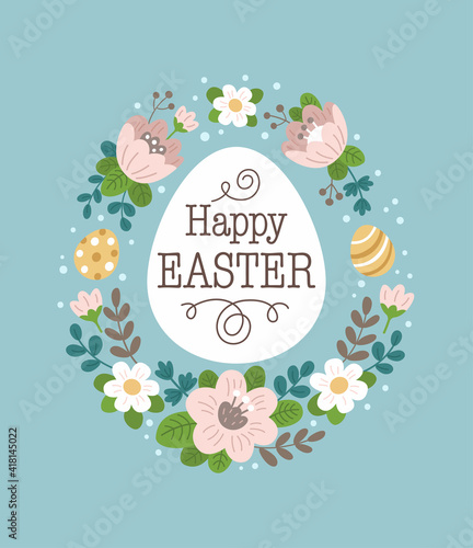 Happy Easter greeting card. Vector illustration of flowers frame and Easter egg with inscription. Isolated on light blue background 