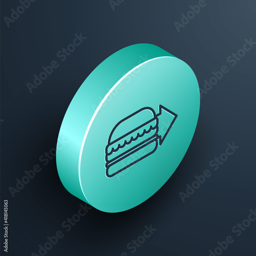 Isometric line Online ordering and burger delivery icon isolated on black background. Turquoise circle button. Vector Illustration.