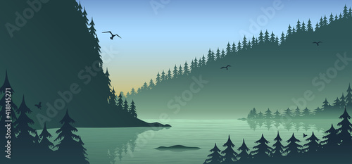 Silhouette forest landscape, flat design with gradient, vector illustration background