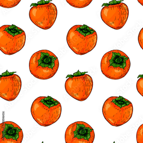 Fototapeta Naklejka Na Ścianę i Meble -  Colorful seamless pattern with hand drawn persimmon fruits. Vector illustration in colored sketch style.