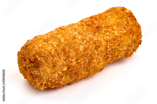 Fried potato croquettes in breadcrumbs, isolated on white background. High resolution image photo