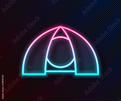 Glowing neon line Tourist tent icon isolated on black background. Camping symbol. Vector.