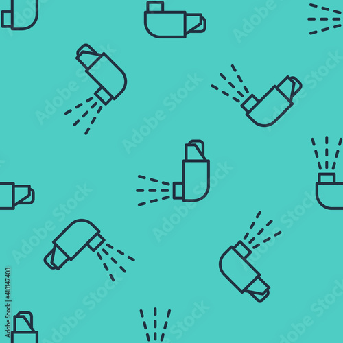 Black line Inhaler icon isolated seamless pattern on green background. Breather for cough relief, inhalation, allergic patient. Medical allergy asthma inhaler spray. Vector.