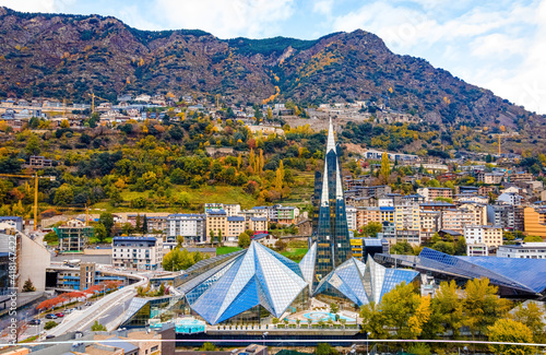 Obraz na płótnie Aerial view of Andorra la Vella, the capital of Andorra, in the Pyrenees mountains between France and Spain w salonie