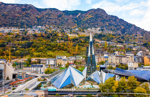 Aerial view of Andorra la Vella, the capital of Andorra, in the Pyrenees mountains between France and Spain photo