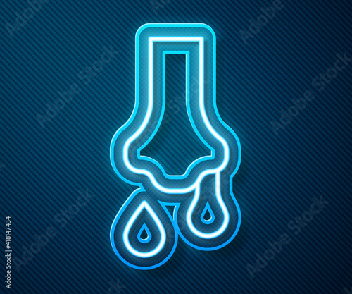Glowing neon line Runny nose icon isolated on blue background. Rhinitis symptoms, treatment. Nose and sneezing. Nasal diseases. Vector.