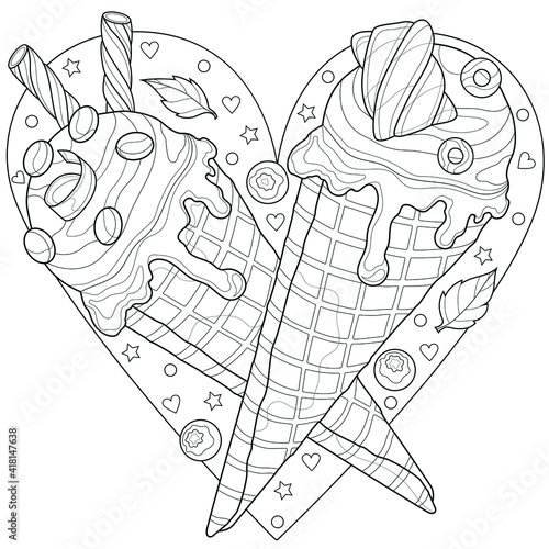 Ice cream cone in the shape of a heart.Coloring book antistress for children and adults. Illustration isolated on white background.Zen-tangle style. Hand draw